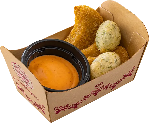 大豆のナゲットと ゼッポリーネ、 アーモンド ロメスコソース