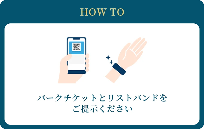 パークチケットとリストバンドを提示ください。
